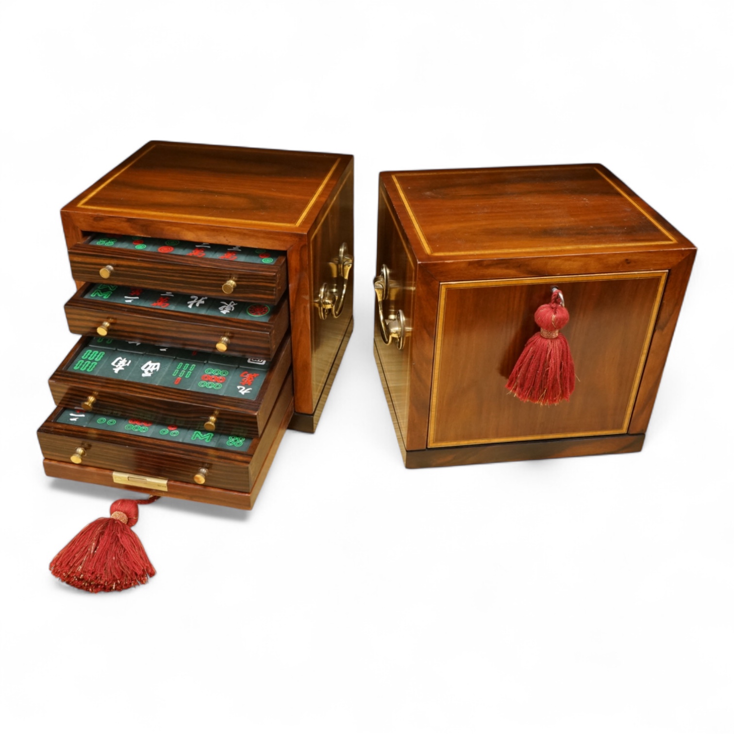 Two mahogany-cased hardstone mahjong sets, 22.5cm tall
